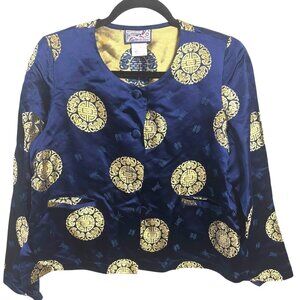 Vintage 90s APRIL CORNELL Silk Jacquard Chinese Tang Jacket Sz S Gold Medallion